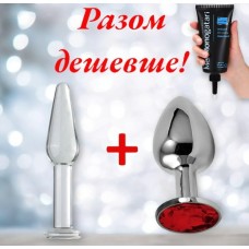 Анальна металева пробка з кристалом + Пробка скляна для початківців