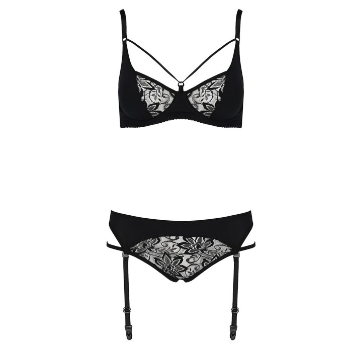 Комплект белья Passion PAULINE SET S/M, black, стрэпы, лиф, стринги и пояс для чулок