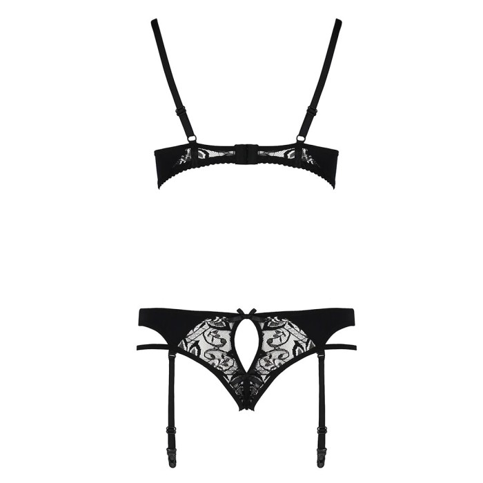 Комплект белья Passion PAULINE SET S/M, black, стрэпы, лиф, стринги и пояс для чулок