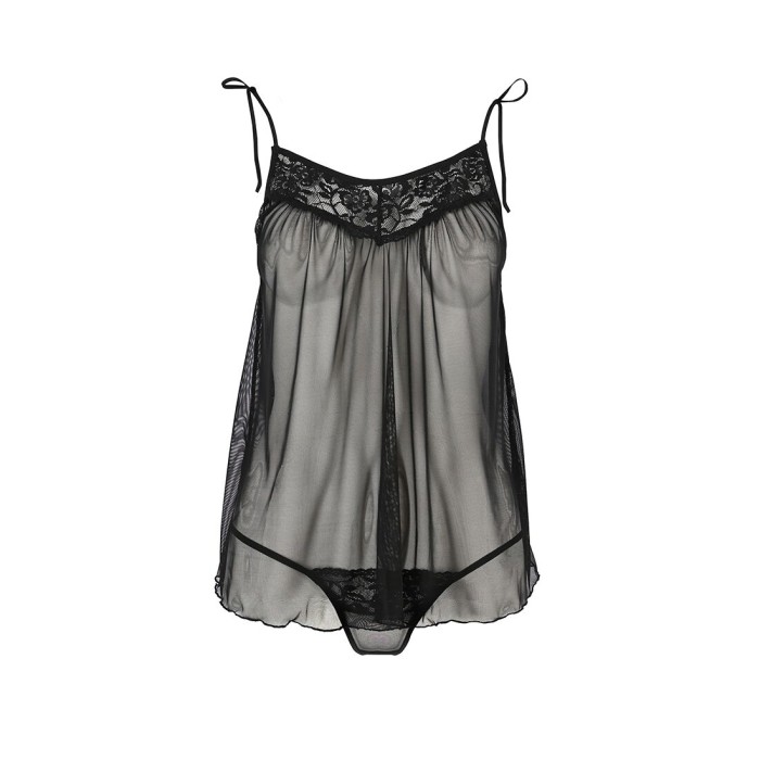 Сорочка прозрачная беби-долл Passion MELANIA CHEMISE L/XL, black, трусики, на тонких бретелях
