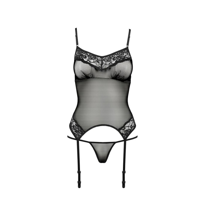 Корсет с пажами Passion MELANIA CORSET S/M, black, трусики, полупрозрачный