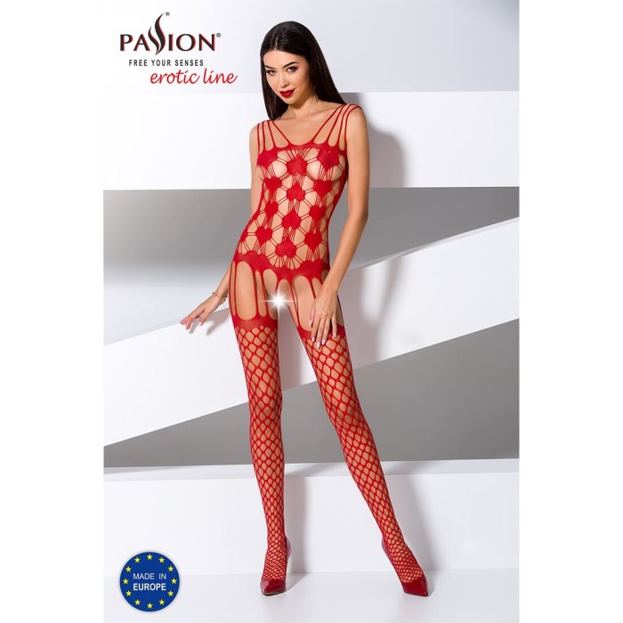 Бодистокинг Passion BS067 red, комбинезон, имитация чулок и топа на бретелях