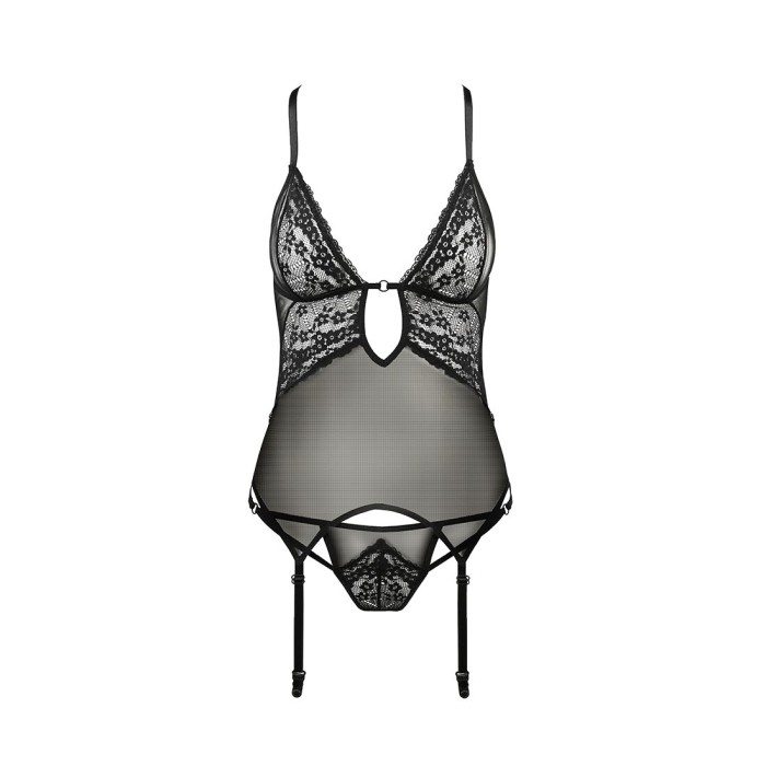 Корсет з декольте Passion ERZA CORSET S/M, black, пажі, трусики, напівпрозорий