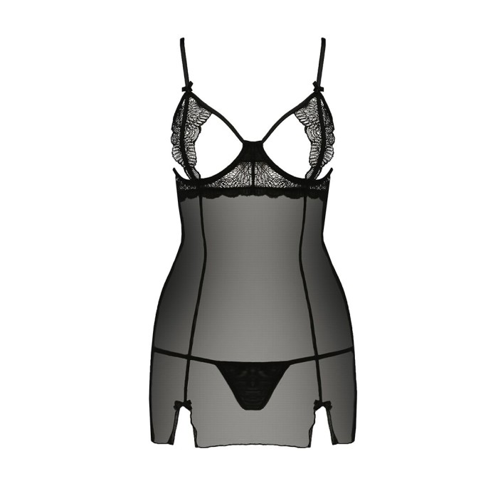 Прозрачная сорочка приталенная Passion QUENTRIS CHEMISE XXL/XXXL, black, трусики