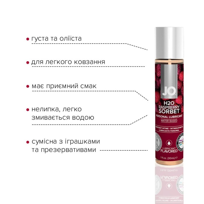 Смазка на водной основе JO H2O — Raspberry Sorbet (30 мл) без сахара, растительный глицерин
