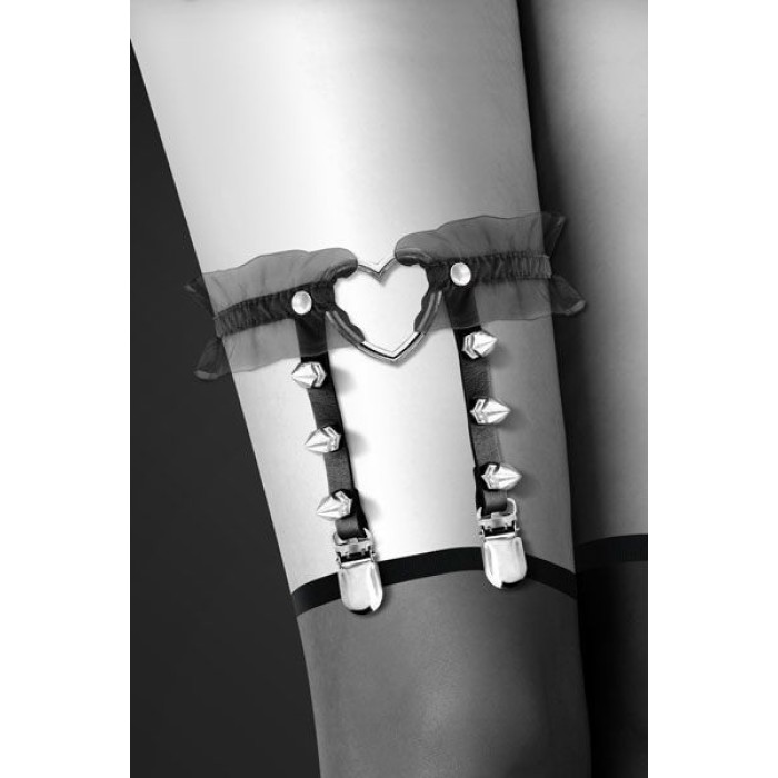 Гартер на ногу Bijoux Pour Toi - WITH HEART AND SPIKES Black, сексуальна підв'язка з сердечком