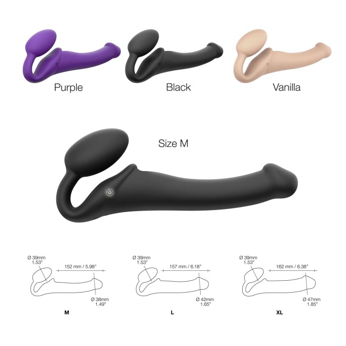 Безремневой страпон с вибрацией Strap-On-Me Vibrating Black M, диаметр 3,8см, пульт ДУ, регулируемый