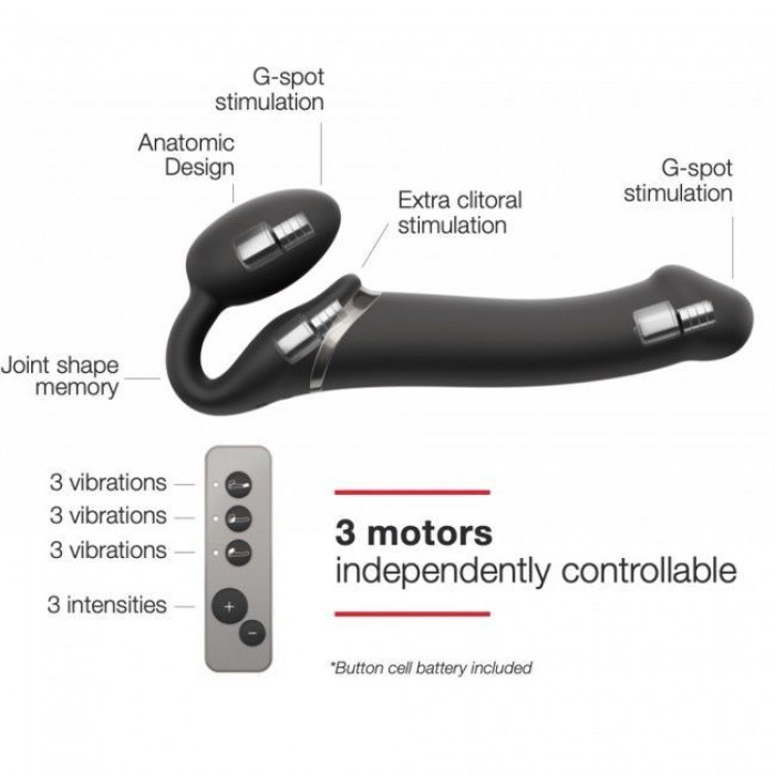 Безремневой страпон с вибрацией Strap-On-Me Vibrating Black M, диаметр 3,8см, пульт ДУ, регулируемый