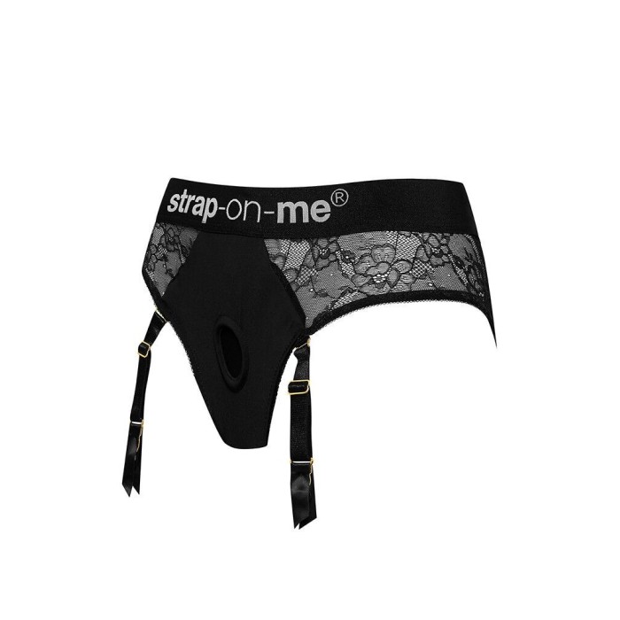 Кружевные трусы для страпона с подвязками для чулок Strap-On-Me DIVA HARNESS - S