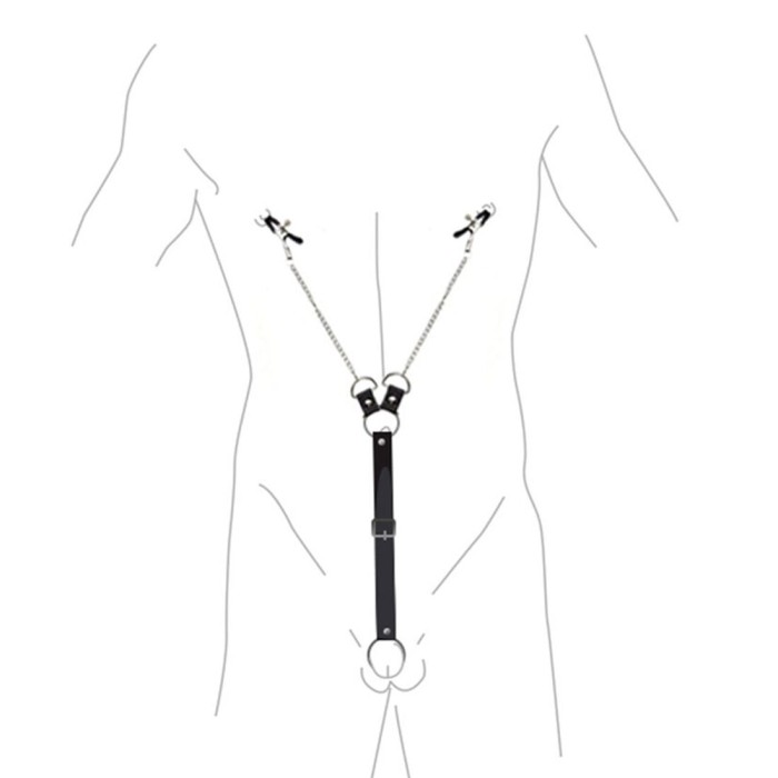 Зажимы для сосков с фиксацией на пенисе Art of Sex – Nipple Clamps for Men, экокожа