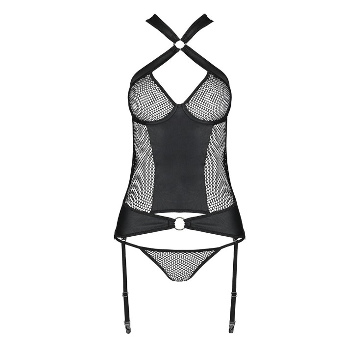 Сетчатый комплект корсет с халтером, съемные подвязки и трусики Passion AMANDA CORSET L/XL, black