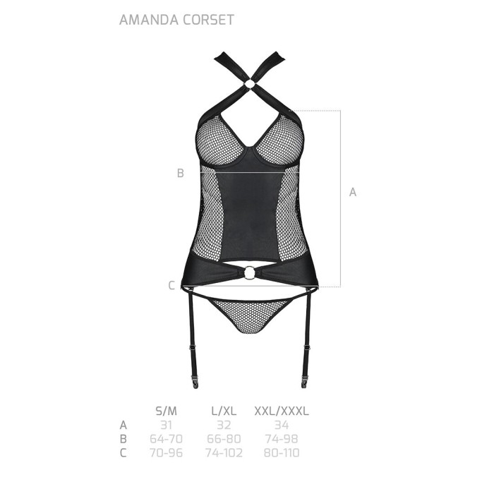 Сетчатый комплект корсет с халтером, съемные подвязки и трусики Passion AMANDA CORSET L/XL, black