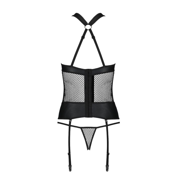 Сетчатый комплект корсет с халтером, съемные подвязки и трусики Passion AMANDA CORSET S/M, black
