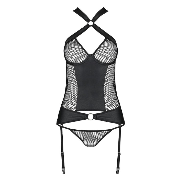 Сетчатый комплект корсет с халтером, съемные подвязки и трусики Passion AMANDA CORSET 2XL/3XL black