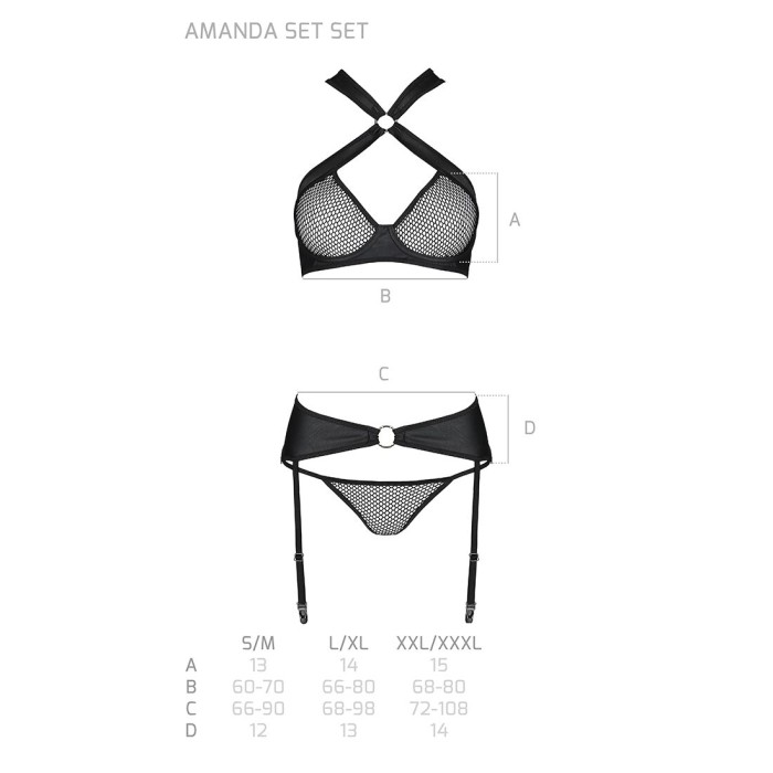Сетчатый набор, бюстгальтер с халтером, трусики и пояс для чулок AMANDA SET S/M, black