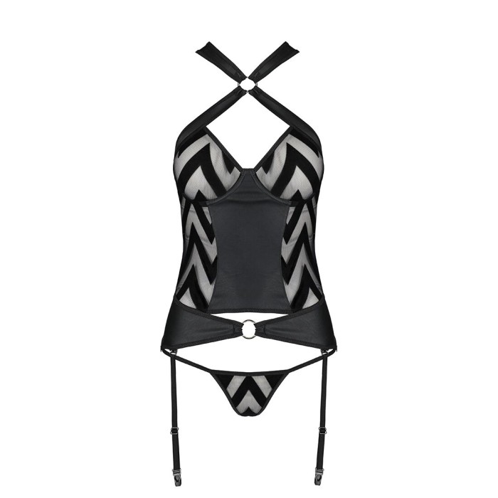 Сетчатый комплект с узором Passion HIMA CORSET L/XL, black, корсет с халтером, подвязки, трусики