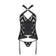 Сетчатый комплект с узором Passion HIMA CORSET L/XL, black, корсет с халтером, подвязки, трусики