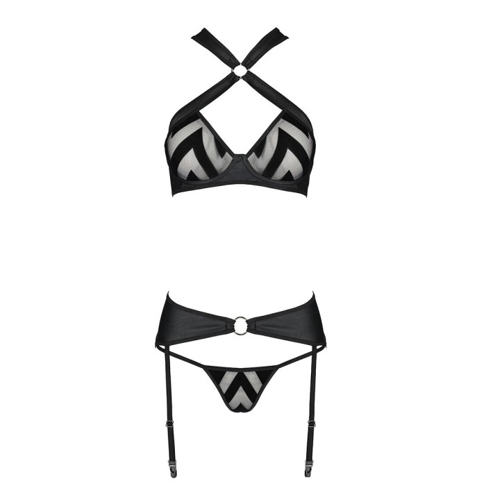 Сетчатый набор с узором, бюстгальтер, трусики, пояс для чулок Passion HIMA SET L/XL black