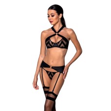 Сетчатый набор с узором, бюстгальтер, трусики, пояс для чулок Passion HIMA SET S/M black