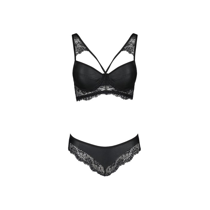 Комплект из эко-кожи с кружевом Passion LOONA SET L/XL, black, бра и трусики