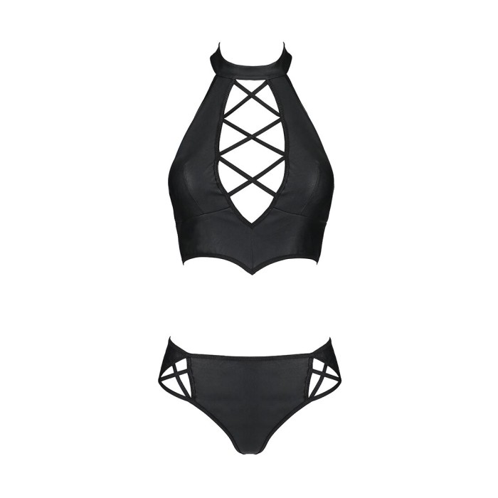 Комплект из эко-кожи Passion NANACY BIKINI XXL/XXXL, black, бра и трусики с имитацией шнуровки