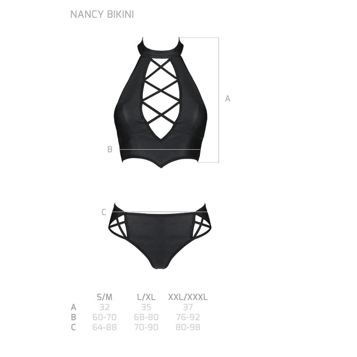Комплект из эко-кожи Passion NANACY BIKINI XXL/XXXL, black, бра и трусики с имитацией шнуровки