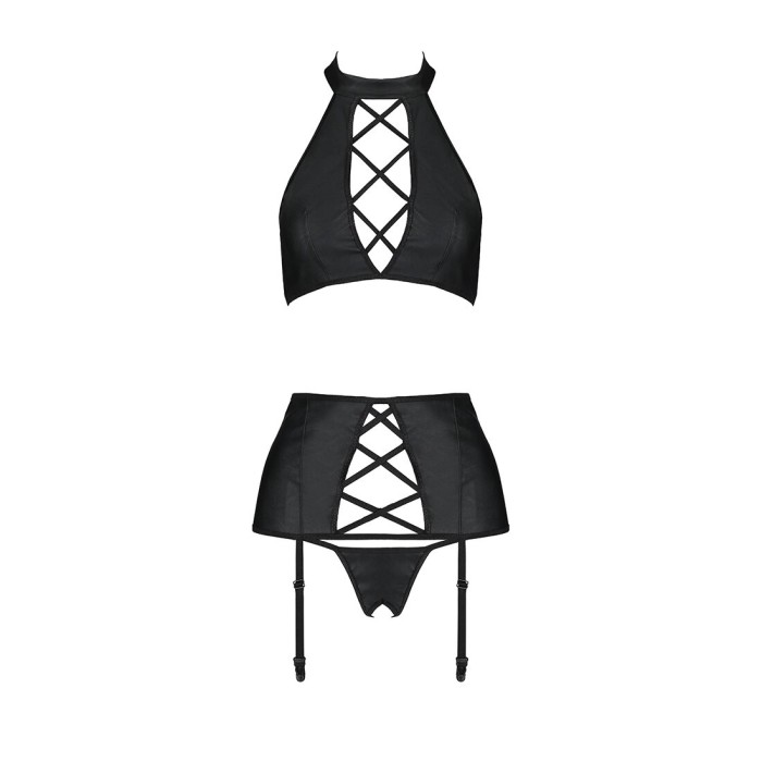 Комплект из эко-кожи с имитацией шнуровки Passion NANCY SET S/M black, топ, трусики, пояс для чулок