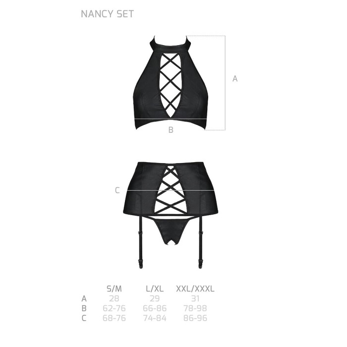 Комплект из эко-кожи имитация шнуровки Passion NANCY SET XXL/XXXL black топ трусики пояс для чулок