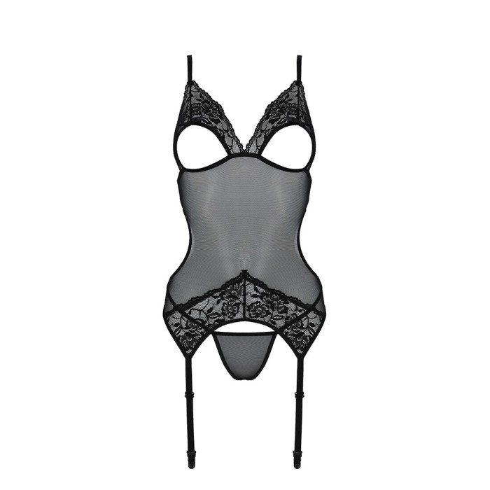 Корсет із підв’язками та ажурним ліфом Passion CHRISTA CORSET L/XL, black, стрінги в комплекті