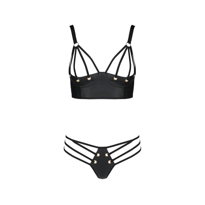 Комплект из эко-кожи с люверсами и ремешками Passion MALWIA BIKINI S/M, black, бра и трусики