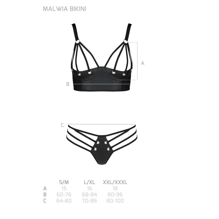 Комплект из эко-кожи с люверсами и ремешками Passion MALWIA BIKINI S/M, black, бра и трусики