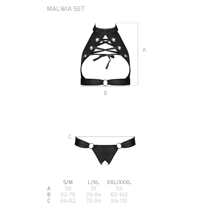 Комплект, открытый топ и трусики из эко-кожи с люверсами Passion MALWIA SET with Open Bra L/XL black