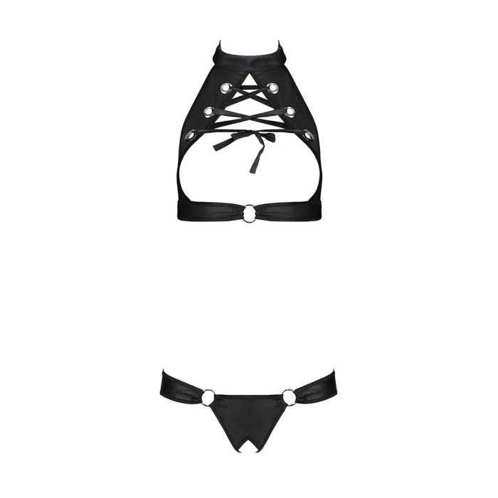Комплект відкритий топ та трусики з екошкіри з люверсами Passion MALWIA SET OpenBra XXL/XXXL, black