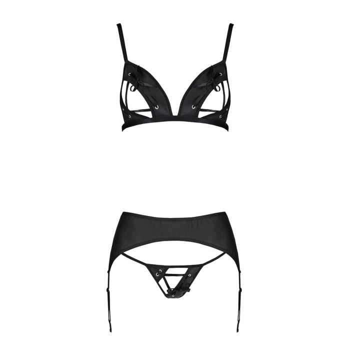 Комплект из эко-кожи Passion MILEY SET L/XL, black, трусики, бюстгальтер, пояс для чулок