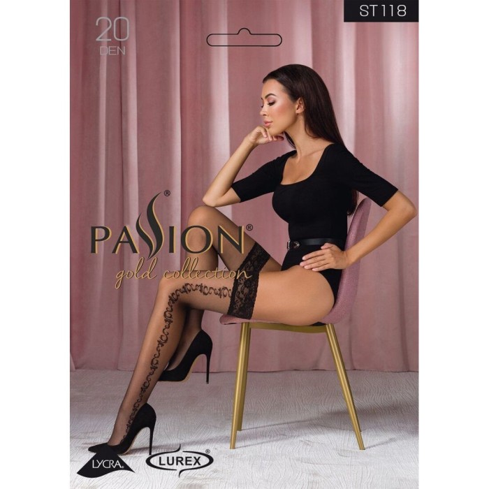 Чулки Passion ST118 3/4 black, на ажурной силиконовой резинке, с боковым вертикальным рисунком