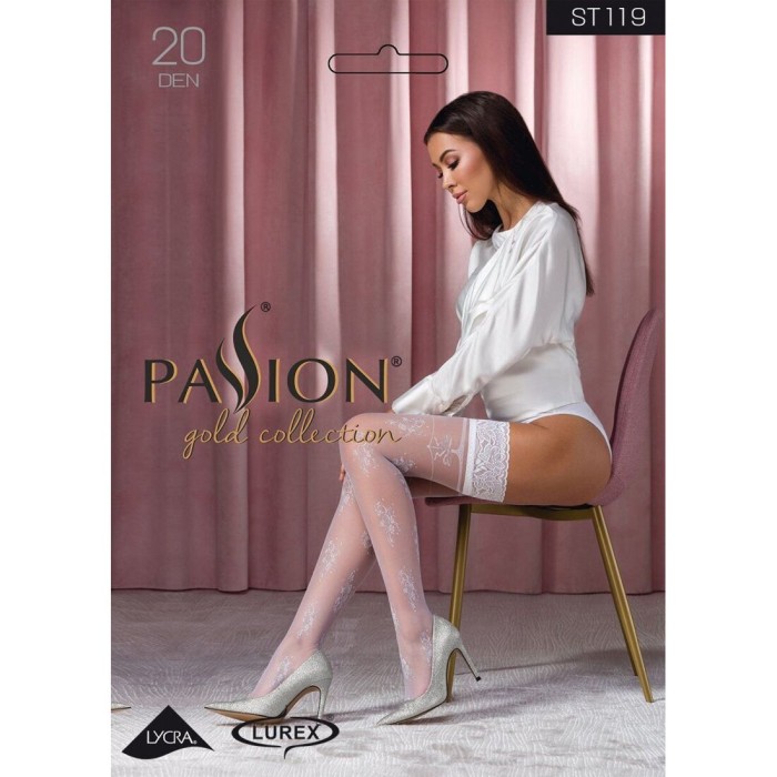 Чулки Passion ST119 3/4 white, ажурная силиконовая резинка с цветочным декором и люрексовой нитью