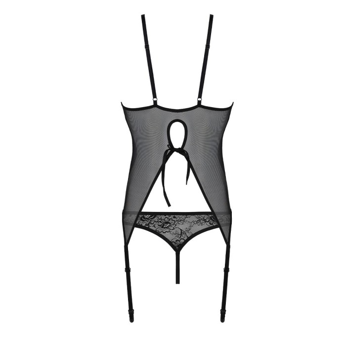Корсет с пажами, трусики с ажурным декором и открытым шагом Passion URSULA CORSET S/M, black