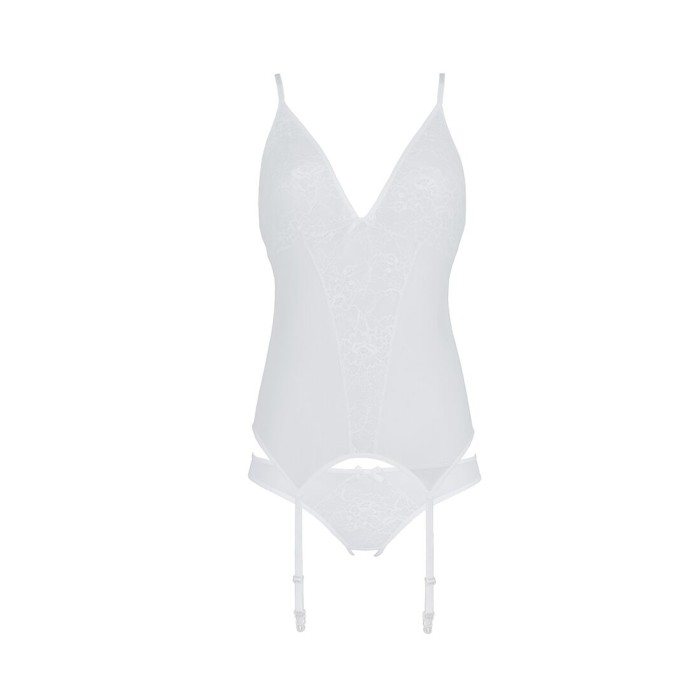 Корсет с пажами, трусики с ажурным декором и открытым шагом Passion URSULA CORSET L/XL, white