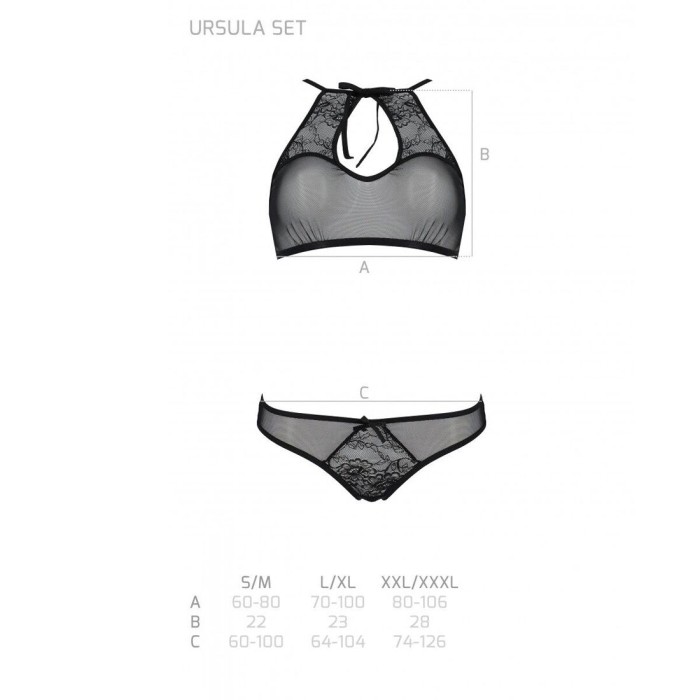 Комплект: бра, трусики с ажурным декором и открытым шагом Passion URSULA SET L/XL, black