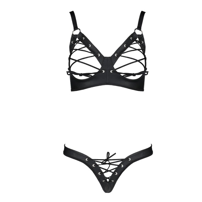 Комплект из экокожи Passion CELINE BIKINI L/XL, black, открытый бра с лентами, стринги со шнуровкой