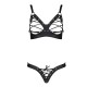 Комплект из экокожи Passion CELINE BIKINI L/XL, black, открытый бра с лентами, стринги со шнуровкой