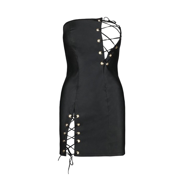 Мини-платье из экокожи Passion CELINE CHEMISE XXL/XXXL, black, шнуровка, трусики в комплекте