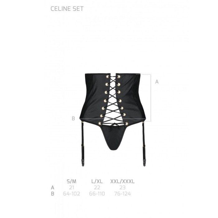 Пояс-корсет з екошкіри Passion CELINE SET XXL/XXXL, black шнурівка, знімні пажі для панчіх, стрінги