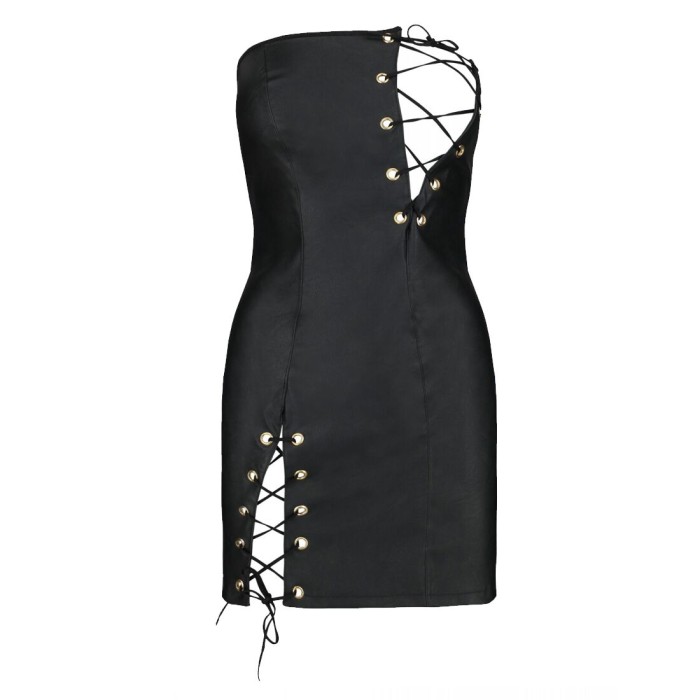 Мини-платье из экокожи Passion CELINE CHEMISE 4XL/5XL, black, шнуровка, трусики в комплекте