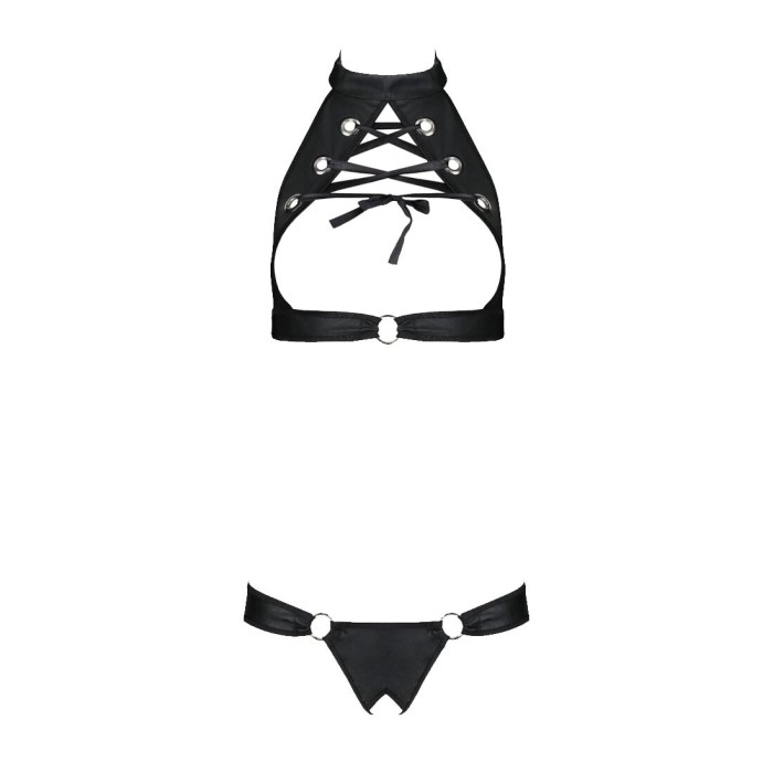 Комплект из экокожи Passion MALWIA SET with Open Bra 4XL/5XL black, топ и трусики с люверсами