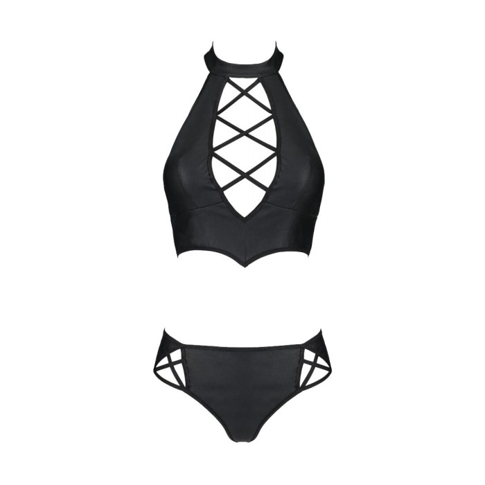 Комплект з екошкіри Passion NANACY BIKINI 4XL/5XL black, бра та трусики з імітацією шнурівки