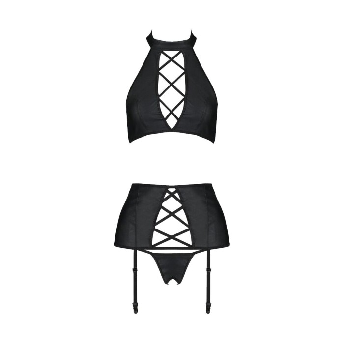 Комплект из экокожи Passion NANCY SET 6XL/7XL black, имитация шнуровки, топ, пояс для чулок