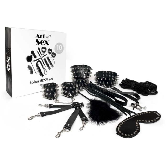 BDSM-набор Art of Sex – Spikes BDSM Set Leather, 10 предметов, черный, натуральная кожа
