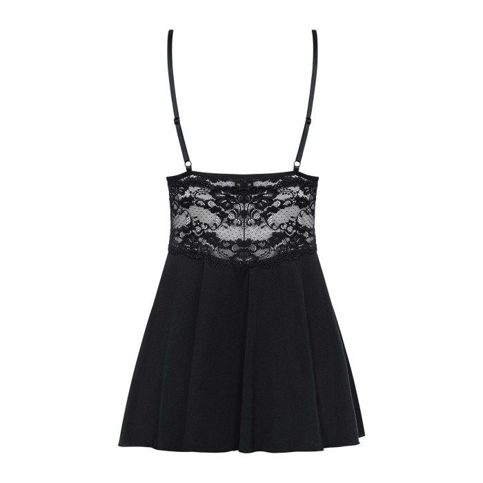 Сатиновый пеньюар с кружевом Obsessive 810-BAB-1 babydoll & thong S/M, черный, пеньюар, танга