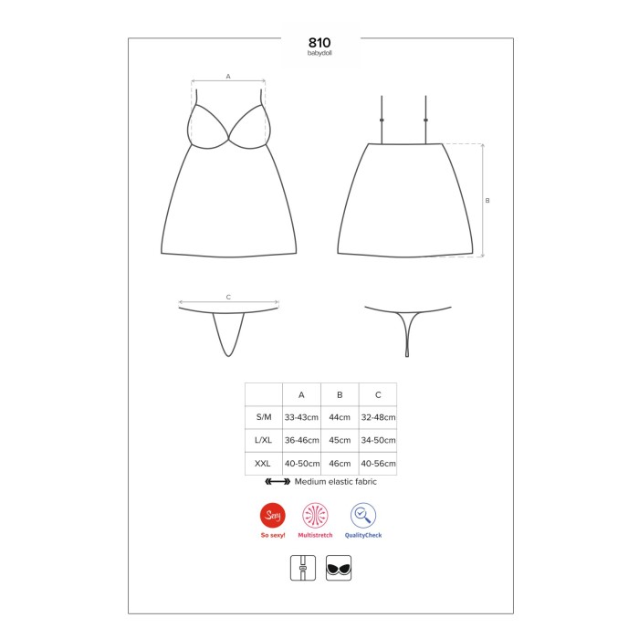 Сатиновый пеньюар с кружевом Obsessive 810-BAB-1 babydoll & thong L/XL, черный, пеньюар, танга